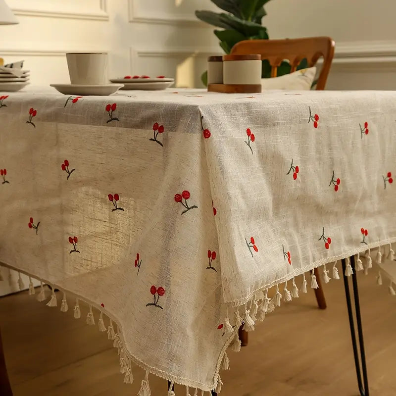 Tischdecke Leinen – Stickerei Kirschen in Natur