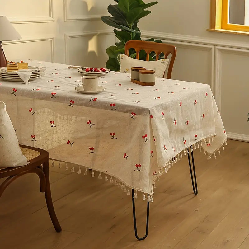 Tischdecke Leinen – Stickerei Kirschen in Natur