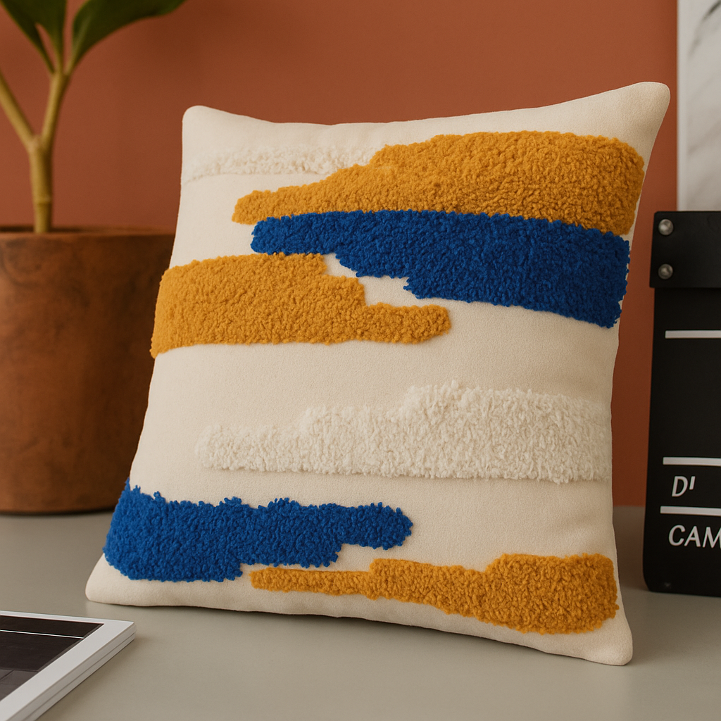 Boho Kissenbezug 45x45 cm – Strukturmuster in Blau und Ocker