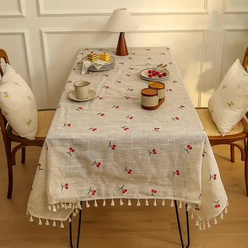 Tischdecke Leinen – Stickerei Kirschen in Natur