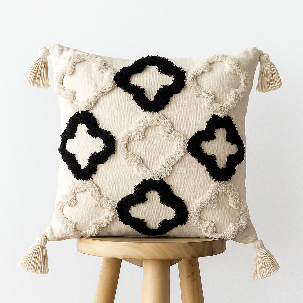Boho Kissenbezug 45x45 cm – Ornamentmuster mit Quasten in Schwarz Beige