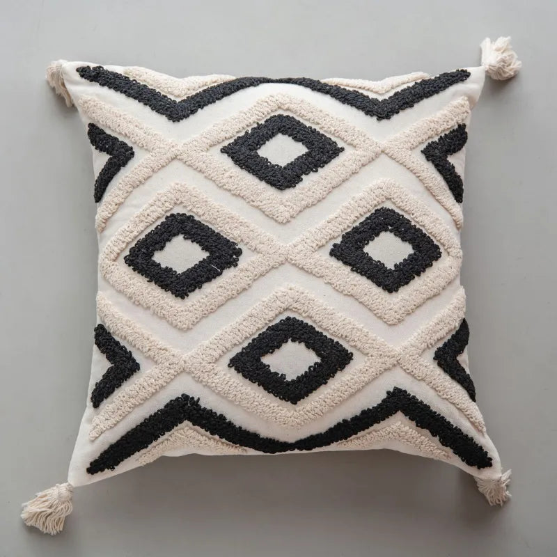Boho Kissenbezug 45x45 cm – Rautenstruktur in Schwarz und Creme