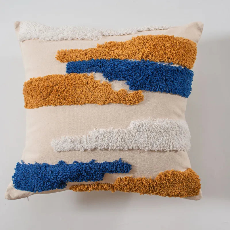 Boho Kissenbezug 45x45 cm – Strukturmuster in Blau und Ocker