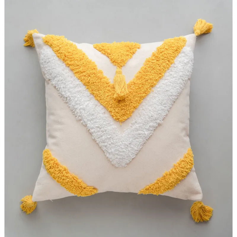 Boho Kissenbezug 45x45 cm – Strukturmuster mit Quasten Gelb/Weiß
