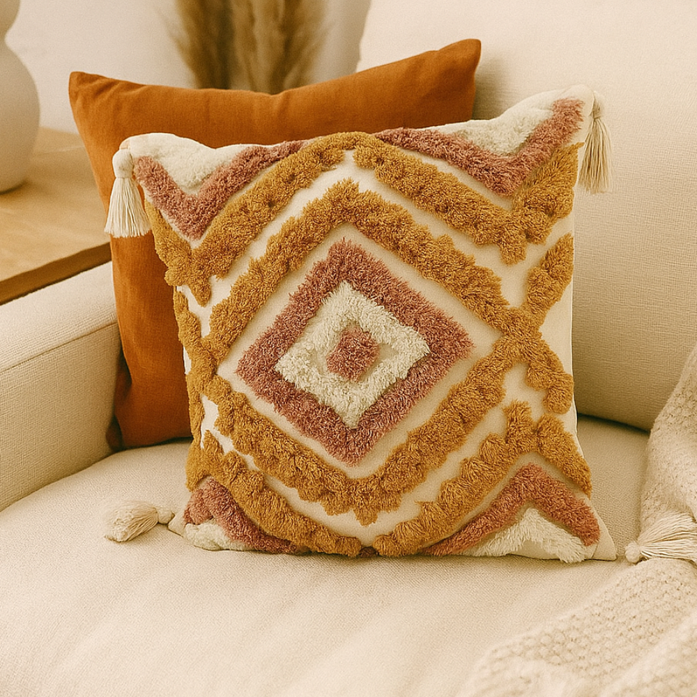 Boho Kissenbezug 45x45 cm – Rautenmuster mit Quasten in Rost Orange