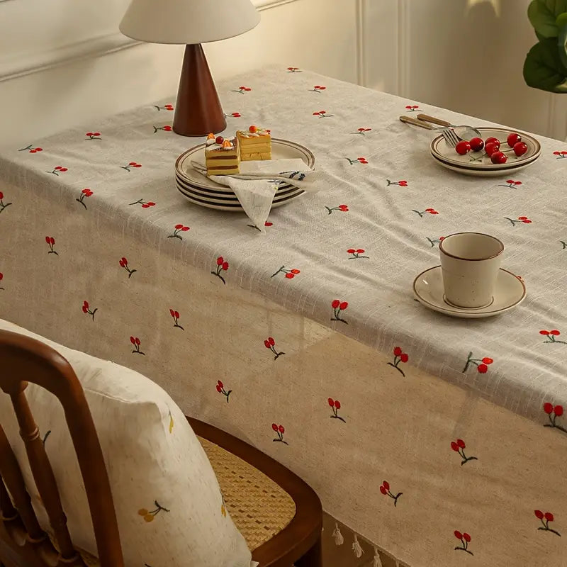 Tischdecke Leinen – Stickerei Kirschen in Natur