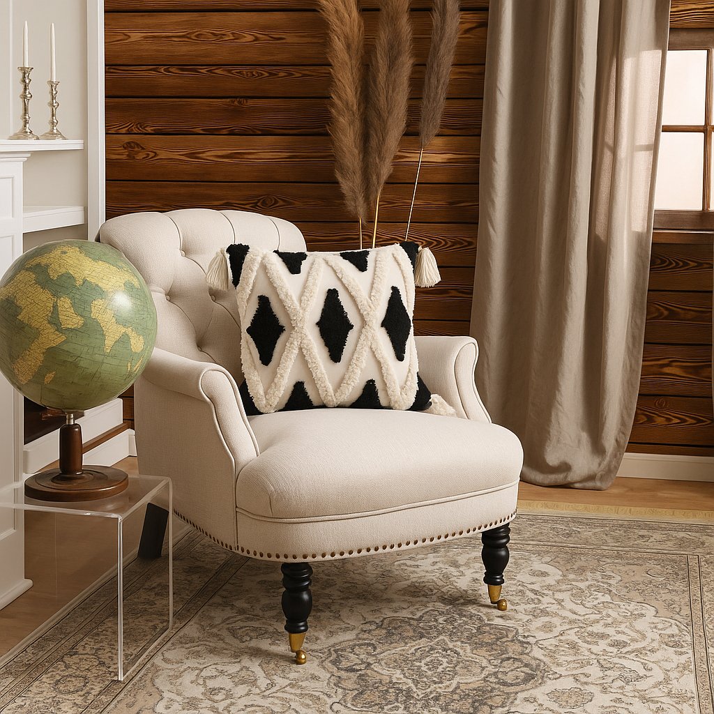 Boho Kissenbezug 45x45 cm – Rautenstruktur mit Quasten in Schwarz Beige