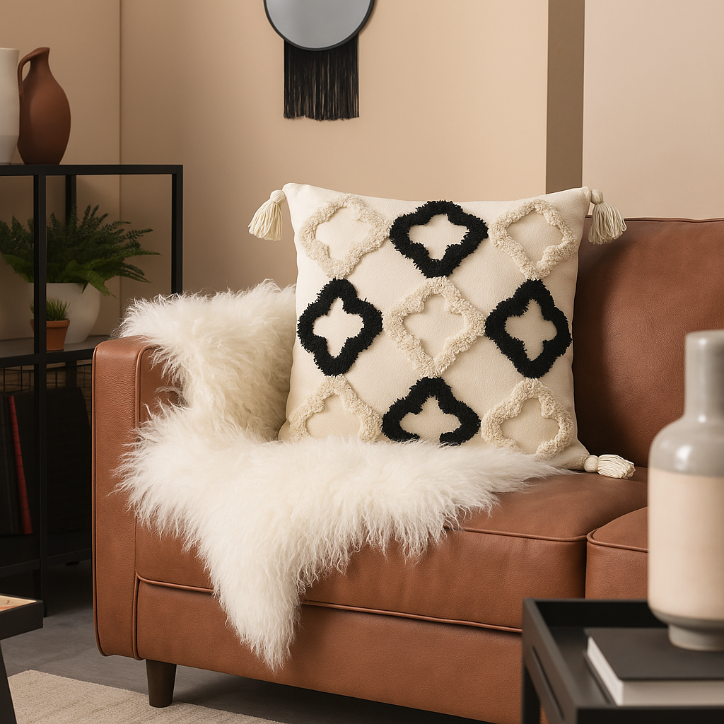 Boho Kissenbezug 45x45 cm – Ornamentmuster mit Quasten in Schwarz Beige
