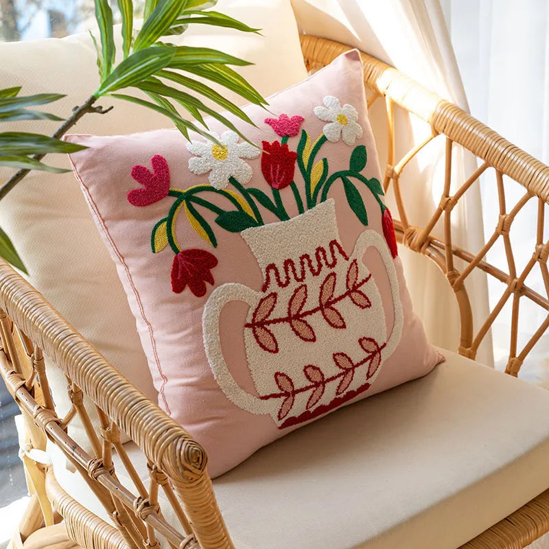 Stickerei Kissenbezug 45x45 cm – Blütenmotiv in Rosa oder Gelb