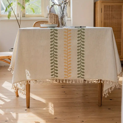 Tischdecke Boho mit Quasten und Blättermuster