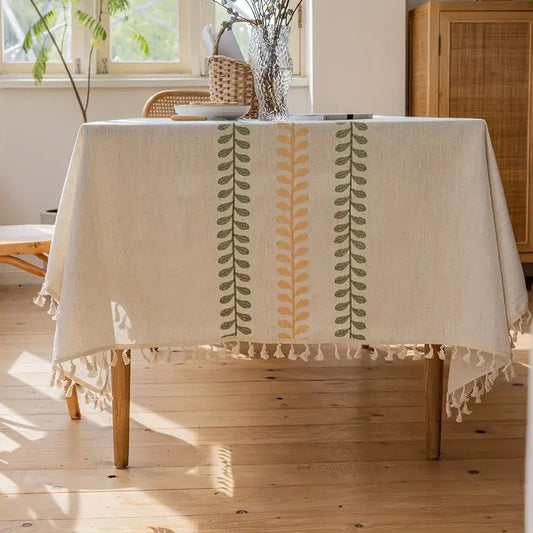 Tischdecke Boho mit Quasten und Blättermuster