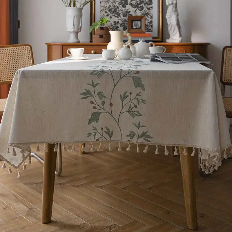 Tischdecke mit Fransen – Beige mit Blattmuster