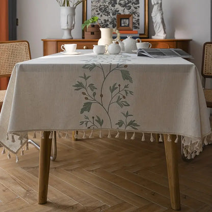 Tischdecke mit Fransen – Beige mit Blattmuster