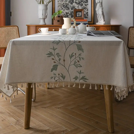 Tischdecke mit Fransen – Beige mit Blattmuster