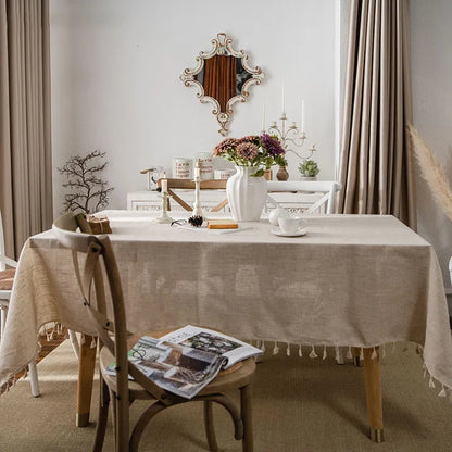 Tischdecke mit Fransen – Naturfarbener Leinenlook