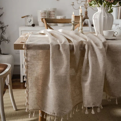 Tischdecke mit Fransen – Naturfarbener Leinenlook