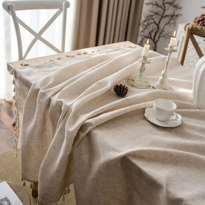 Tischdecke mit Fransen – Naturfarbener Leinenlook