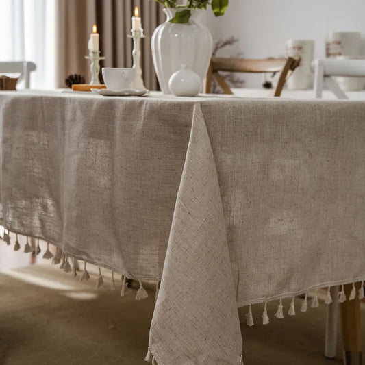 Tischdecke mit Fransen – Naturfarbener Leinenlook