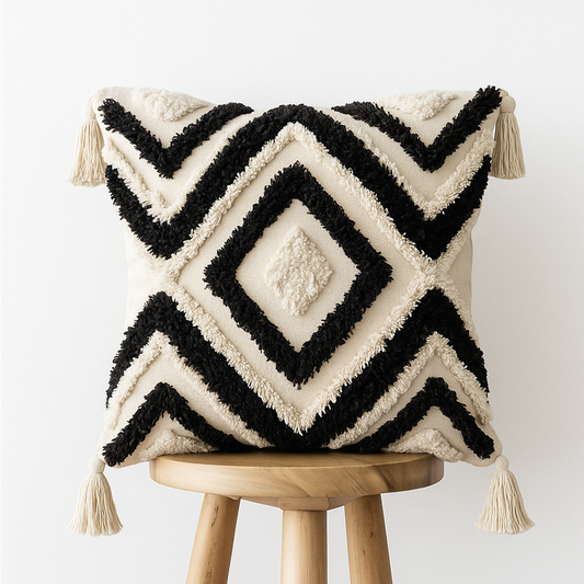 Boho Kissenbezug 45x45 cm – Rautenmuster mit Quasten in Schwarz Beige
