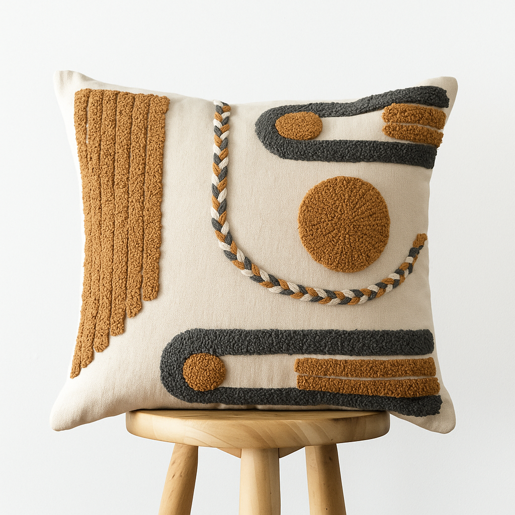 Boho Kissenbezug 45x45 cm – Strukturmuster in Grau und Ocker