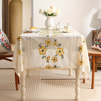 Tischdecke – Creme mit gelben Blumen und Spitzenrand