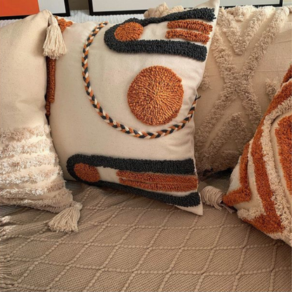 Boho Kissenbezug 45x45 cm – Strukturmuster in Grau und Ocker