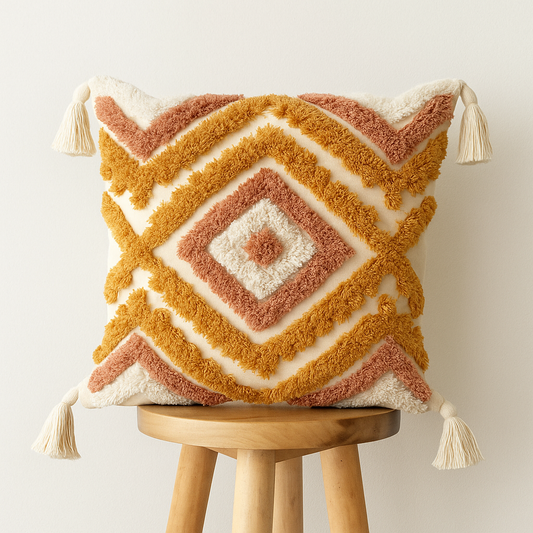 Boho Kissenbezug 45x45 cm – Rautenmuster mit Quasten in Rost Orange