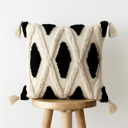 Boho Kissenbezug 45x45 cm – Rautenstruktur mit Quasten in Schwarz Beige