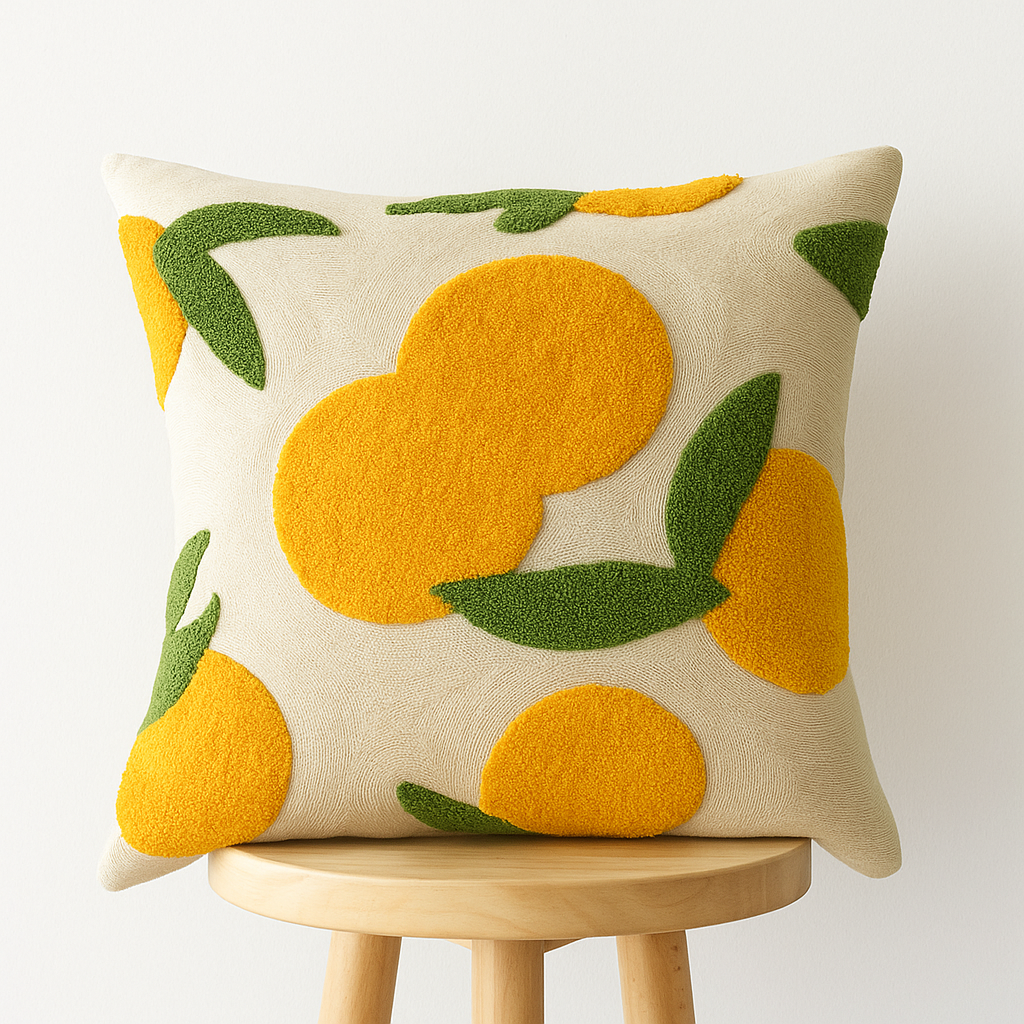 Kissenbezug 45x45 cm – Orangenmotiv in Gelb Grün auf Natur