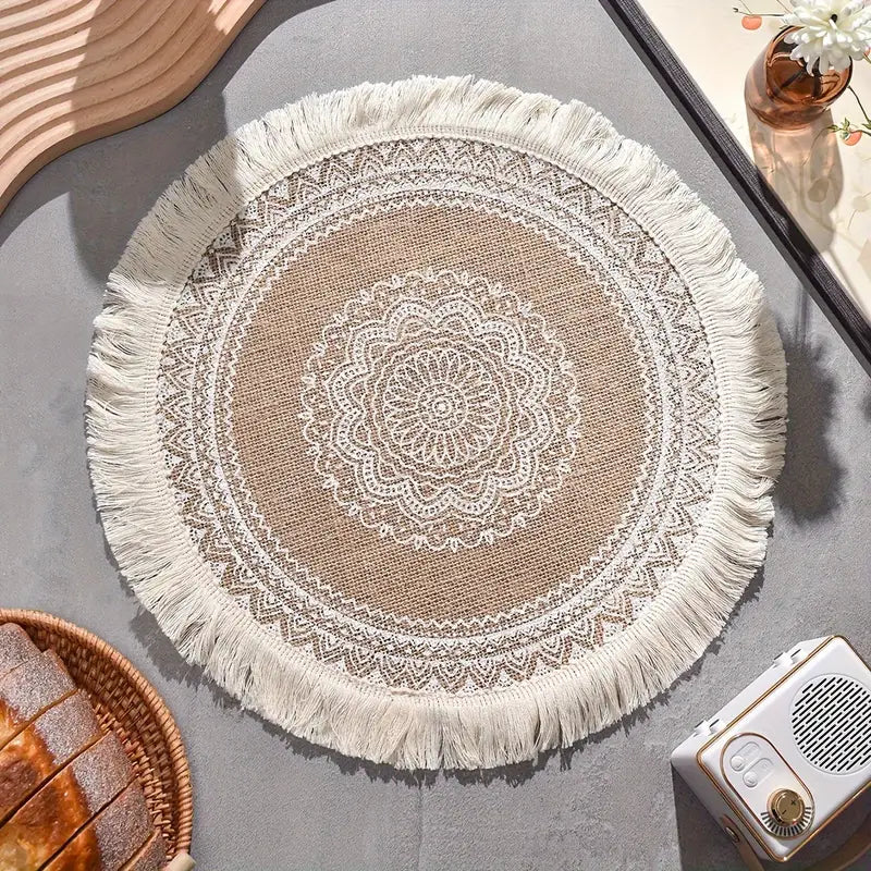 Tischsets Jute 4er Set rund – Boho Platzsets mit Fransen
