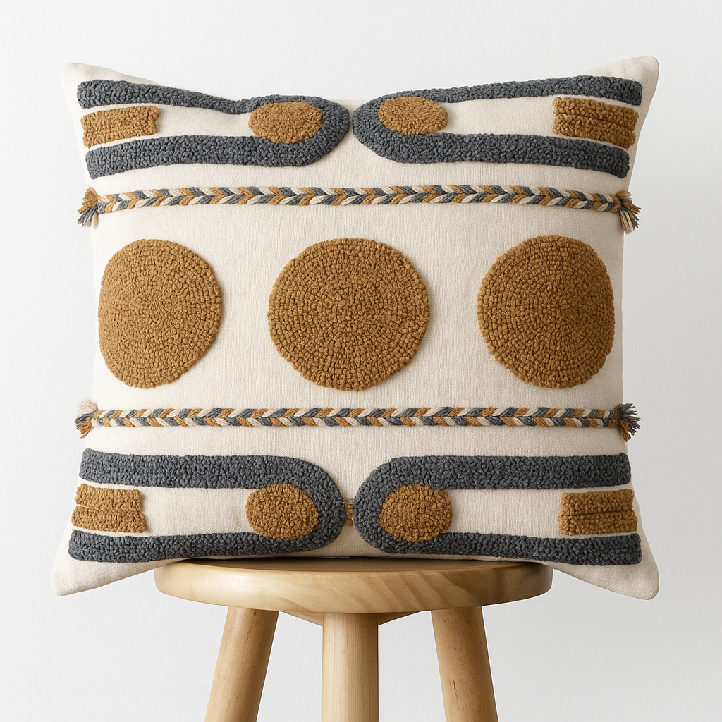 Boho Kissenbezug 45x45 cm – Strukturmuster in Grau und Ocker