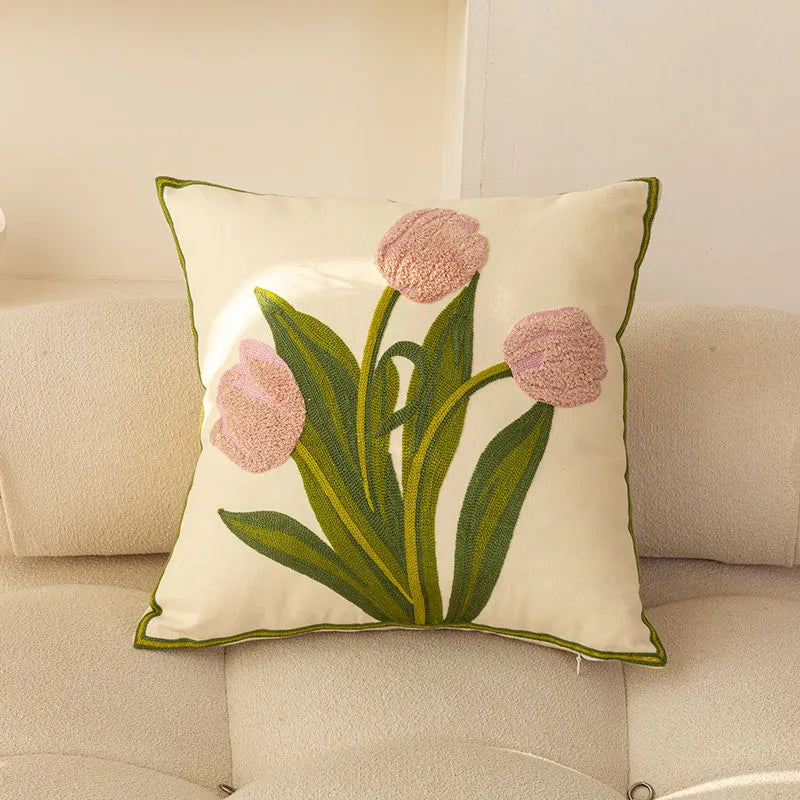 Kissenbezug 45x45 cm – Florale Stickerei mit Tulpenmotiv in Mehrfarbig