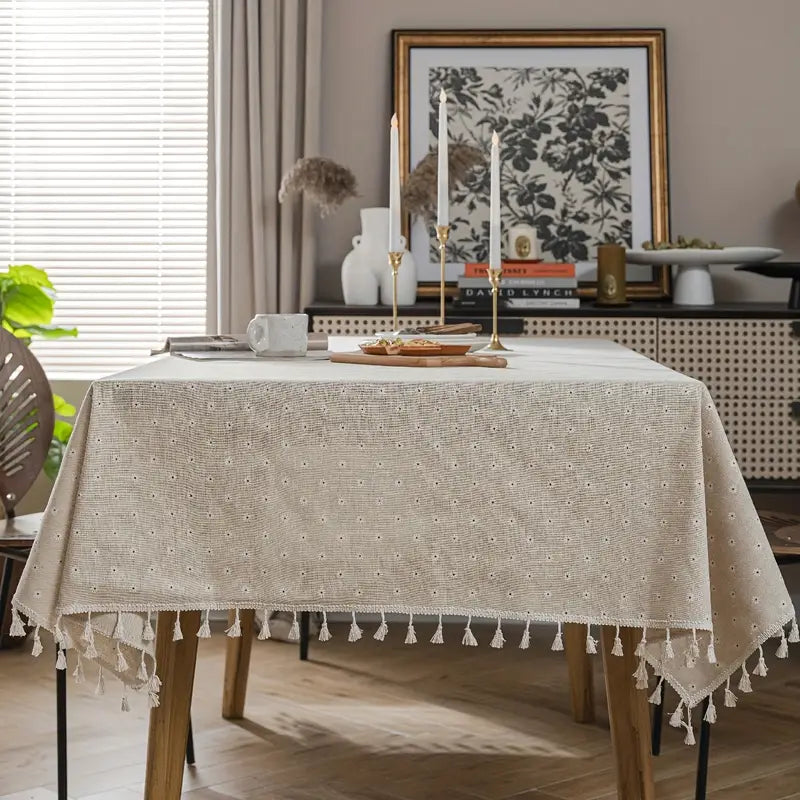 Tischdecke – Beige mit Blumenstickerei und Fransen