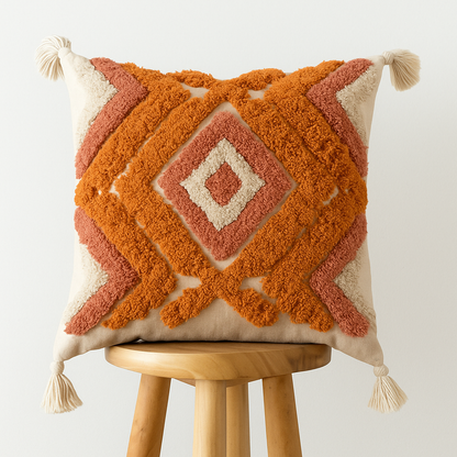 Boho Kissenbezug 45x45 cm – mit Fransen und Muster in Orange
