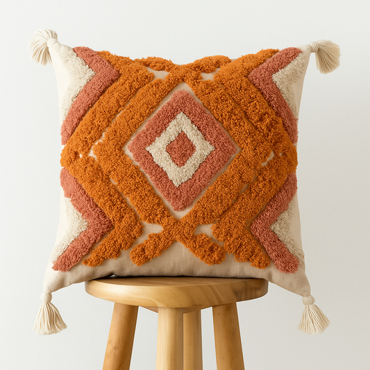 Boho Kissenbezug 45x45 cm – mit Fransen und Muster in Orange