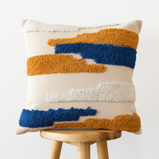 Boho Kissenbezug 45x45 cm – Strukturmuster in Blau und Ocker