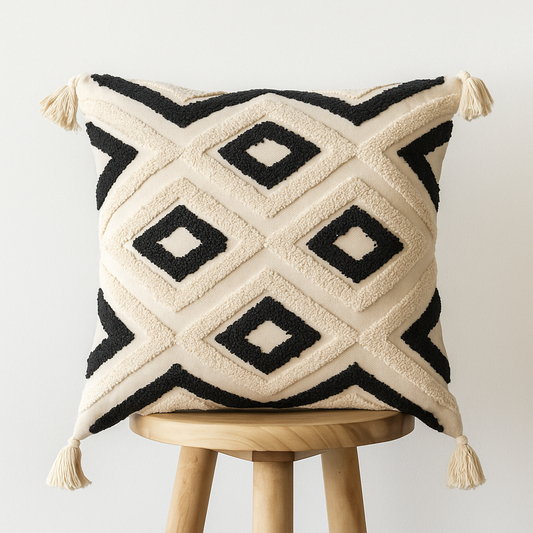 Boho Kissenbezug 45x45 cm – Rautenstruktur in Schwarz und Creme