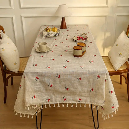 Tischdecke Leinen – Stickerei Kirschen in Natur