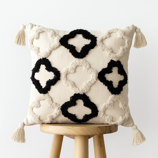 Boho Kissenbezug 45x45 cm – Ornamentmuster mit Quasten in Schwarz Beige