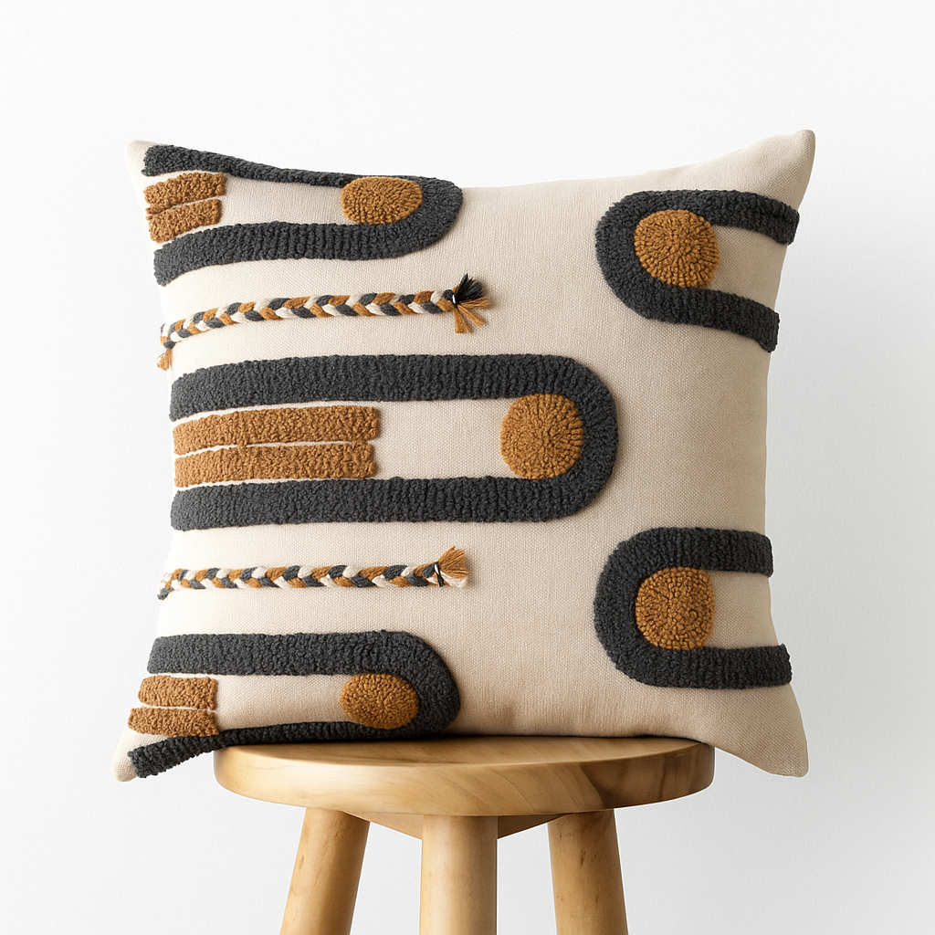 Boho Kissenbezug 45x45 cm – Strukturmuster in Grau und Ocker