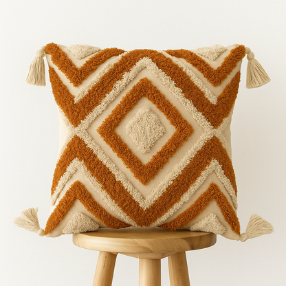 Boho Kissenbezug 45x45 cm – Rautenmuster mit Quasten in Senfgelb Beige