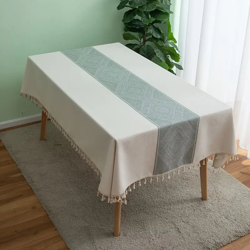 Tischdecke – Creme mit grauem Mittelstreifen und Fransen