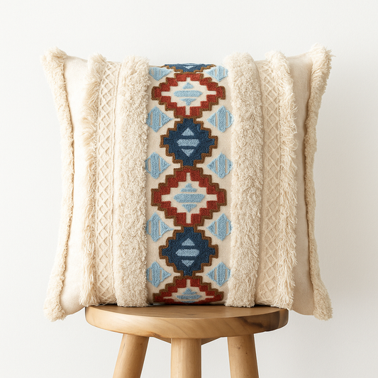 Kissenbezug 45x45 cm – Bestickt mit Fransen und Ethno-Muster