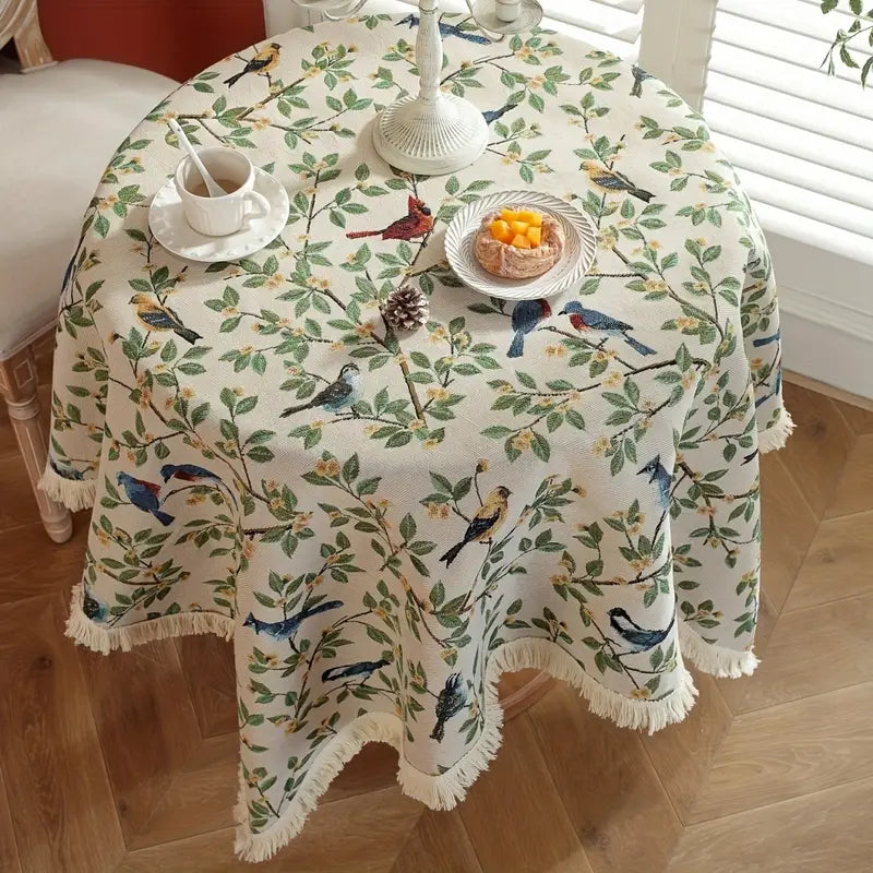Tischdecke – Beige mit grünem Blätter-Print und Vögeln