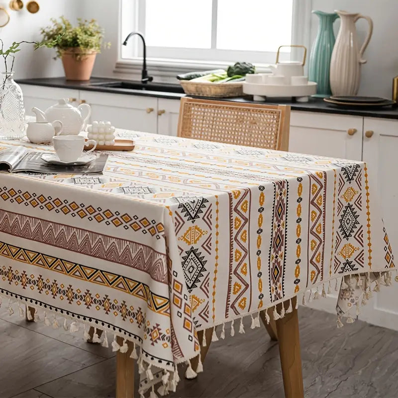 Tischdecke – Ethno-Muster mit Fransen in Beige