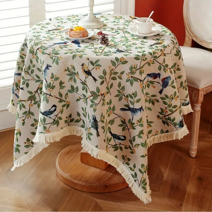 Tischdecke – Beige mit grünem Blätter-Print und Vögeln