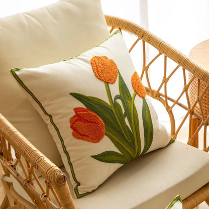 Kissenbezug 45x45 cm – Florale Stickerei mit Tulpenmotiv in Mehrfarbig