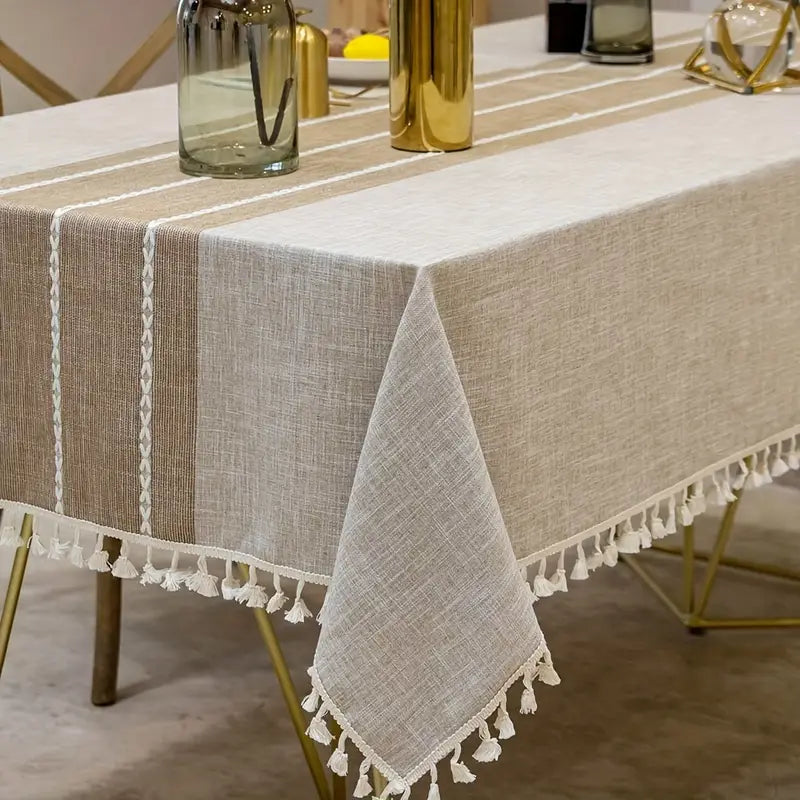 Tischdecke – Naturbeige mit Zierstreifen in Braun