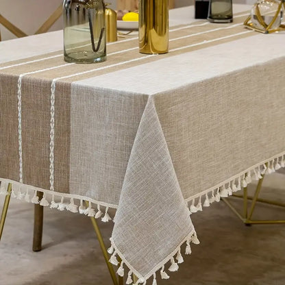 Tischdecke – Naturbeige mit Zierstreifen in Braun