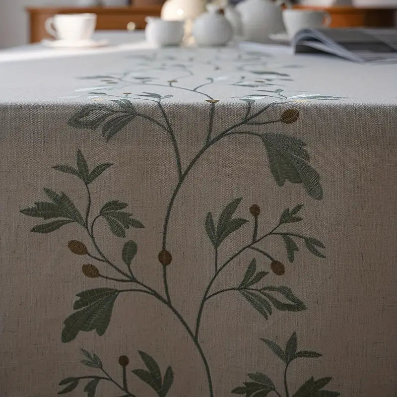 Tischdecke mit Fransen – Beige mit Blattmuster